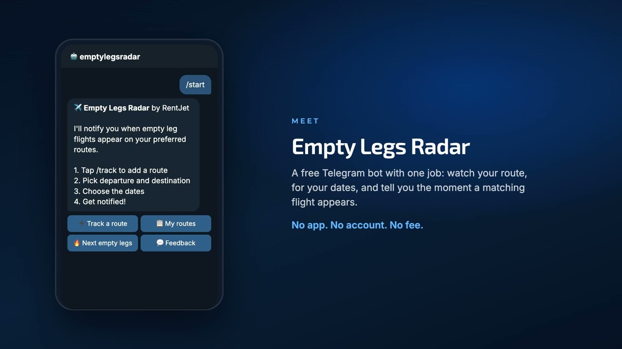 Empty Legs Radar — عرض بالفيديو لمدة دقيقتين عن بوت تيليجرام