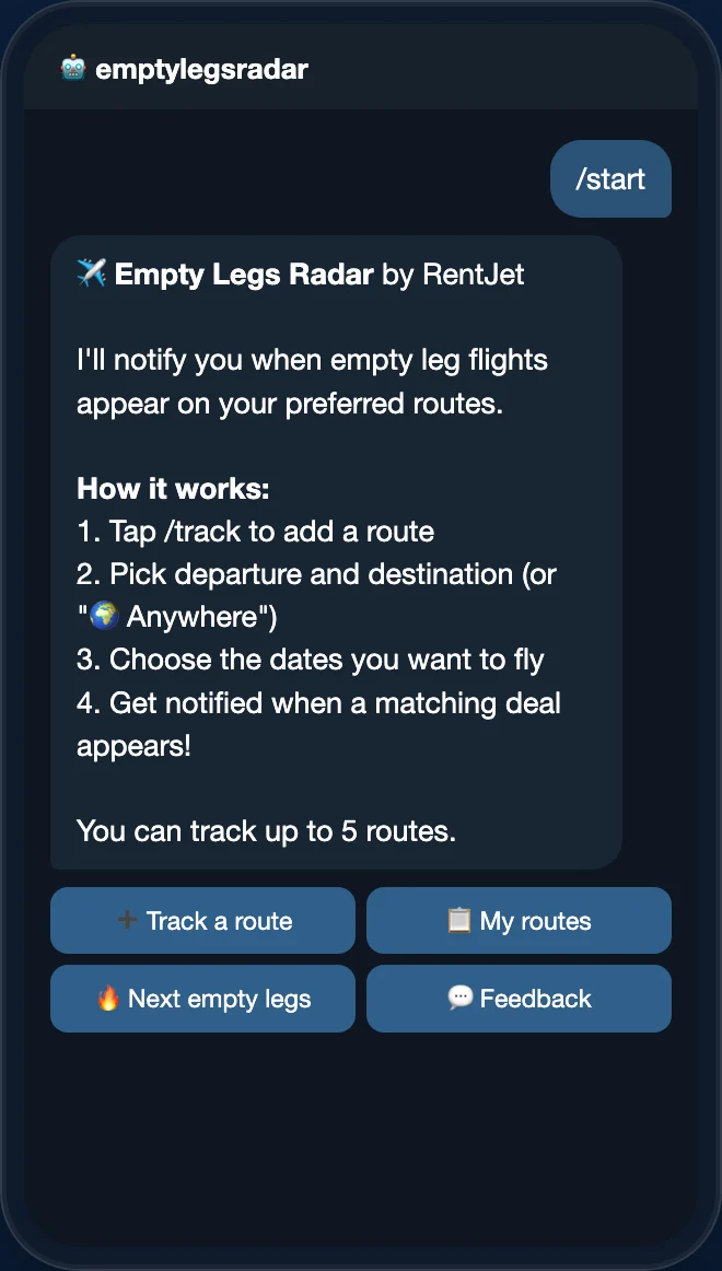 بوت Empty Legs Radar: رسالة الترحيب والقائمة الرئيسية بأزرار تتبع مسار، مساراتي، الرحلات القادمة، والملاحظات