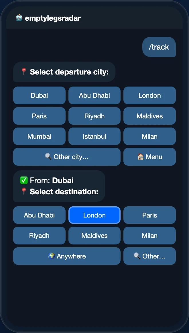 بوت Empty Legs Radar: اختيار مدينة المغادرة والوجهة بالأزرار