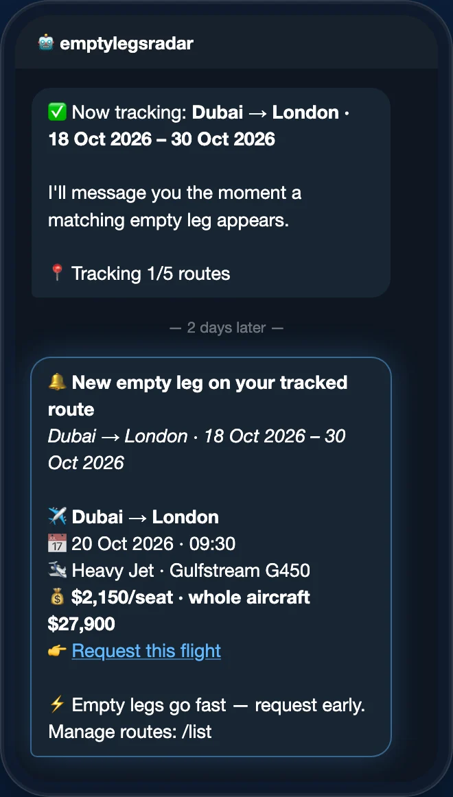 بوت Empty Legs Radar: تأكيد مسار متتبَّع وتنبيه بساق فارغة جديدة من دبي إلى لندن مع الأسعار ورابط الطلب
